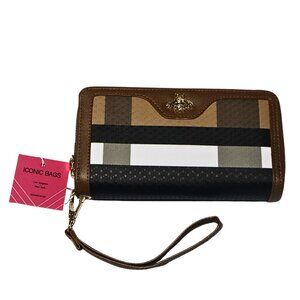 ICONIC BAGS Women's Plaid Striped Wristlet Wallet Faux Leather Gold Bee Zip